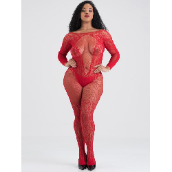 Lovehoney Plus Size All About That Lace Red Fishnet Open-Back Bodystocking