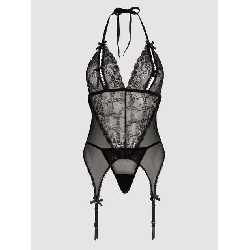 Image of Lovehoney Plus Size Peek-a-Boo Black Lace Merry Widow Bustier Set