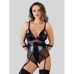 Cottelli Wet Look and Mesh Bondage Teddy with Arm Restraints