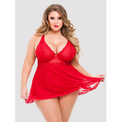 Image of Lovehoney Plus Size Love Me Lace Red Soft Cup Babydoll Set