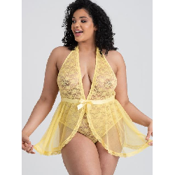 Lovehoney Plus Size Peony Yellow Sheer Mesh and Lace Crotchless Teddy