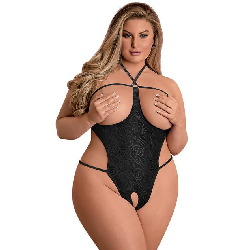 Exposed Plus Size Black Sheer Mesh Open-Cup Crotchless Body