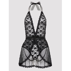 Image of Lovehoney Plus Size Peony Black Sheer Mesh and Lace Crotchless Teddy