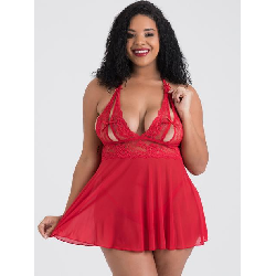 Image of Lovehoney Plus Size Peek-a-Boo Red Lace Babydoll Set
